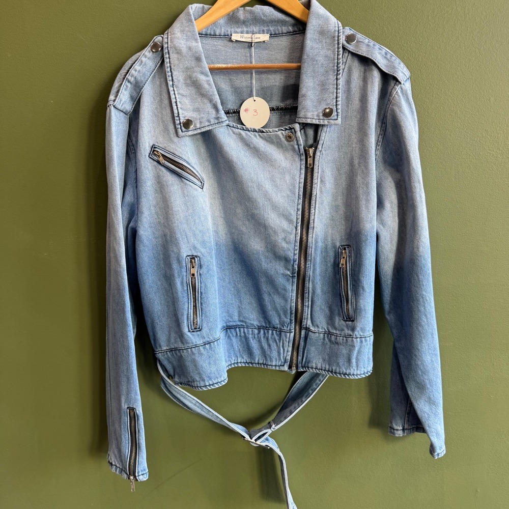 Wisteria Lane Stretch Denim Moto Jacket Zipper Belted NWT $78 X-Large‎ Jean #3
